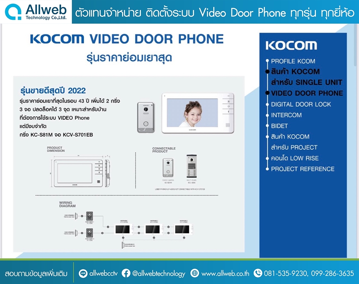 KOCOM VIDEO DOOR PHONE รุ่นขายดี ราคาย่อมเยาสุด กริ่ง KC-S81M + จอ KCV-S701EB จอ 7 นิ้ว